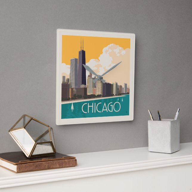 Horloge Carrée Chicago | Skyline moderne (Bureau)