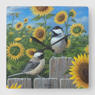 Horloge Carrée Chickadees and Sunflowers Wall Clock