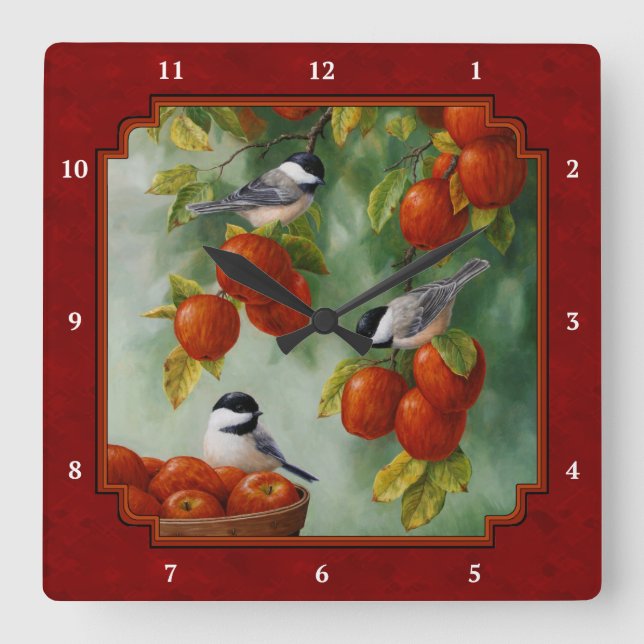 Horloge Carrée Chickadees Pomme récolte Rouge (Recto)