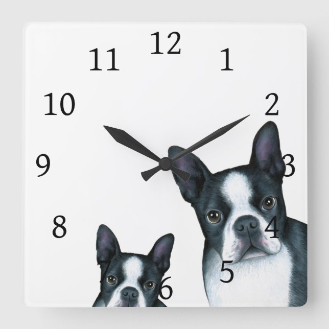 Horloge Carrée Chien 128 noir blanc Boston Terrier (Recto)