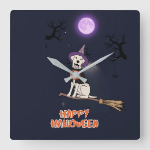 Horloge Carrée Chien au Clair de Lune – Chien d'Halloween au Chap