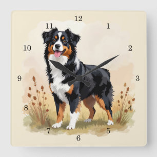Horloge Carrée Chien Australien Berger Noir Tricolore Aussie