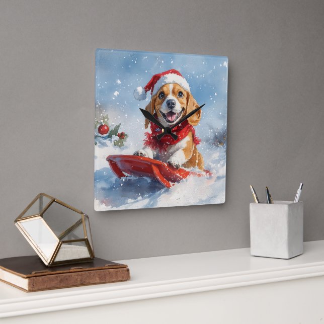 Horloge Carrée Chien beagle dans la boue Laisser il neige Noël (Bureau)