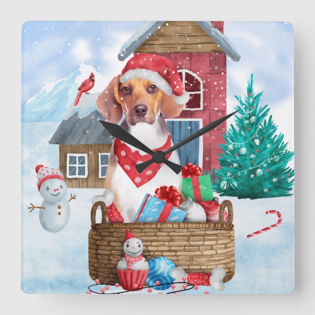 Horloge Carrée Chien Beagle dans la maison de Noël enneigée (Recto)