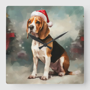 Horloge Carrée Chien Beagle dans la neige de Noël