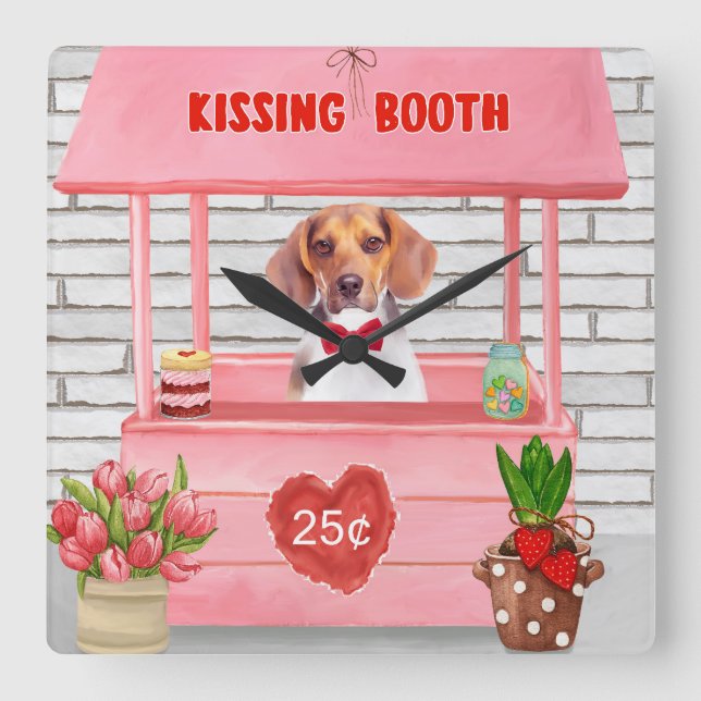Horloge Carrée Chien beagle Valentine's Day Kissing Booth (Recto)