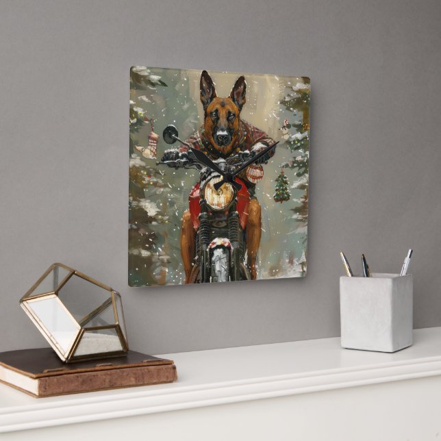 Horloge Carrée Chien belge Malinoi équitation moto Noël (Bureau)