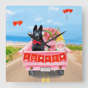 Horloge Carrée Chien berger allemand Saint Valentin Coeurs de cam