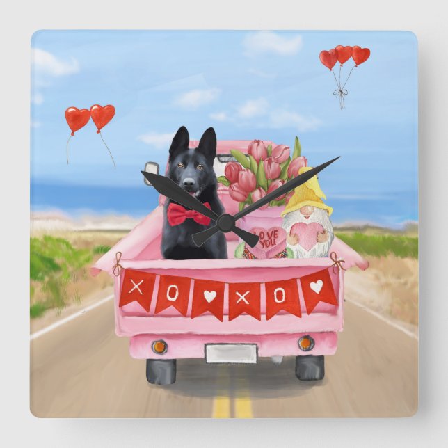 Horloge Carrée Chien berger allemand Saint Valentin Coeurs de cam (Recto)