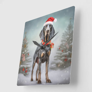 Horloge Carrée Chien Bluetick Coonhound dans la neige de Noël