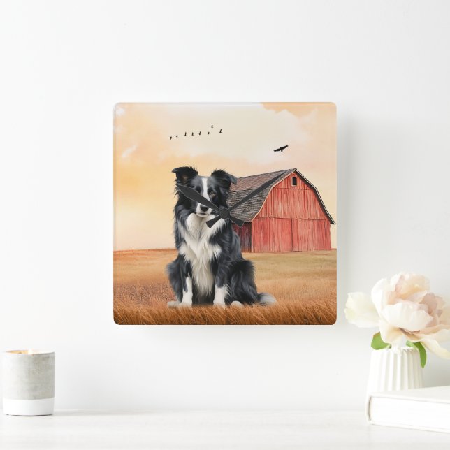 Horloge Carrée Chien Border Collie et ranch à grange rouge (Maison)