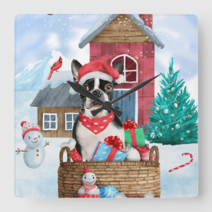 Horloge Carrée chien Boston Terrier dans une maison de Noël ennei