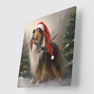 Horloge Carrée Chien Colley Rough dans la neige de Noël