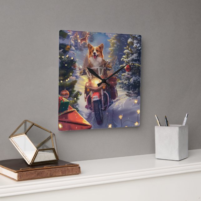 Horloge Carrée Chien Corgi à Vélo à Noël (Bureau)