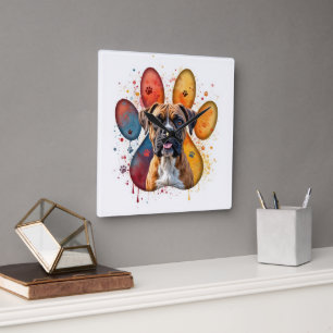 Horloge Carrée Chien De Boxe En Empreinte D'Aquarelle