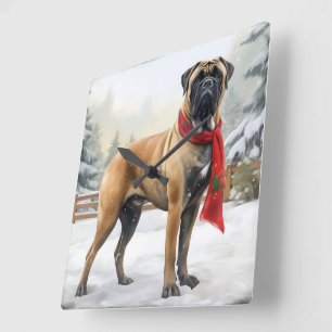 Horloge Carrée Chien de Bullmastiff à Noël de neige
