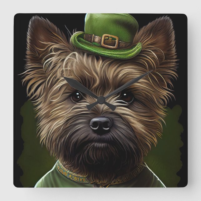 Horloge Carrée Chien de Cairn Terrier en Robe de la Saint Patrick (Recto)
