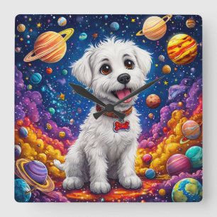 Horloge Carrée Chien de dessin animé mignon dans l'espace