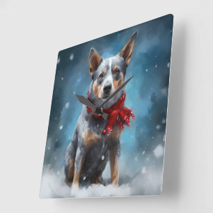 Horloge Carrée Chien de Heeler Bleu à Noël de neige