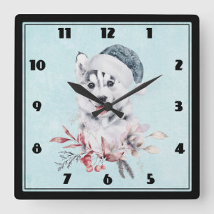 Horloge Carrée Chien de Noël Husky dans un chapeau de Père Noël