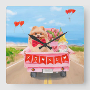 Horloge Carrée Chien de Poméranie Saint Valentin Coeurs de Camion