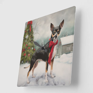 Horloge Carrée Chien de Rat Terrier à Noël de neige