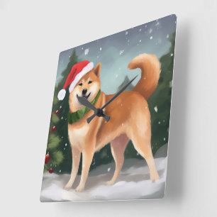 Horloge Carrée Chien de Shiba Inu à Noël de neige