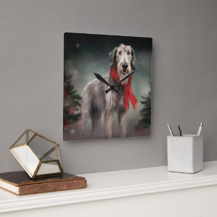 Horloge Carrée Chien de Wolfhound à Noël de neige