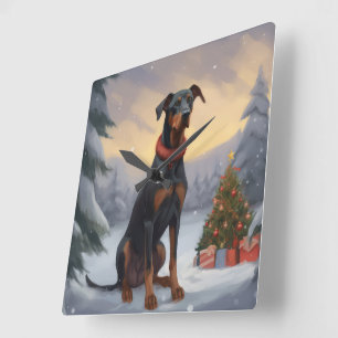 Horloge Carrée Chien Doberman pendant Noël de neige