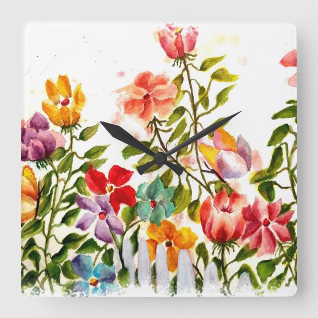 HORLOGE CARRÉE CHIEN EMPREINTES DE PATTES FLEURS JARDIN FENCE (Recto)