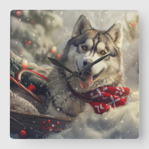 Horloge Carrée Chien Husky Sibérien Noël Fête