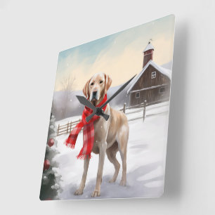 Horloge Carrée Chien Labrador dans la neige de Noël
