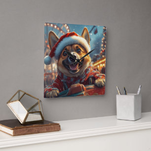 Horloge Carrée Chien Malinois Belge Montagnes Russes Noël