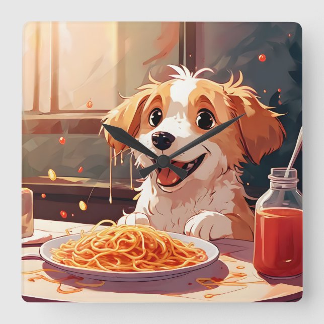 Horloge Carrée Chien mangeant spaghetti (Recto)