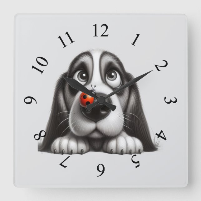 Horloge Carrée Chien mignon avec coccinelle (Recto)