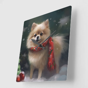 Horloge Carrée Chien Poméranie dans la neige de Noël