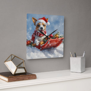 Horloge Carrée Chien Rat Terrier dans un traîneau Laissez neige N