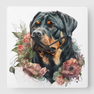 HORLOGE CARRÉE CHIEN ROTTWEILER NOIR ET TONNE AVEC FLEURS