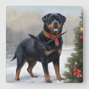 Horloge Carrée Chien Rottweiler pendant Noël de neige