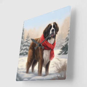 Horloge Carrée Chien Saint-Bernard dans la neige de Noël 
