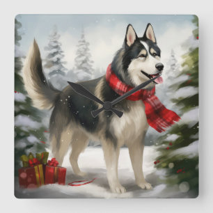 Horloge Carrée Chien sibérien Husky à Noël de neige