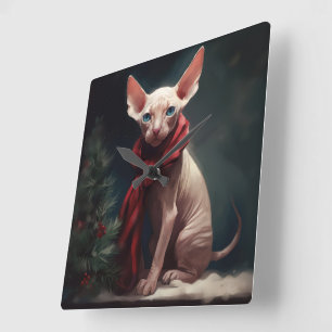 Horloge Carrée Chien Sphynx dans la neige de Noël