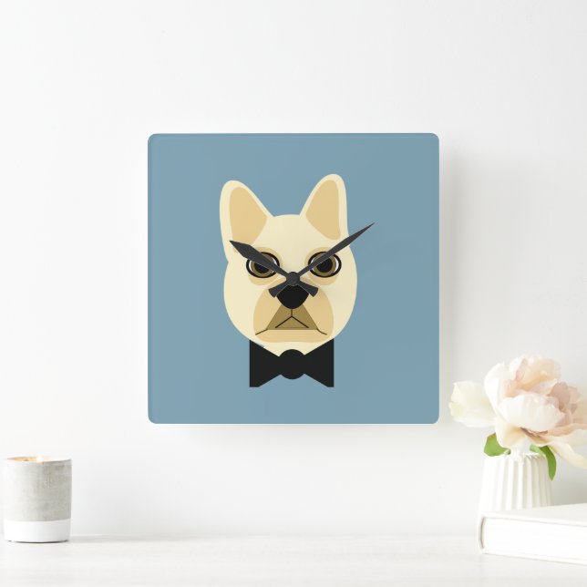 Horloge Carrée Chien-taureaux français avec bleu-bowtie (Maison)