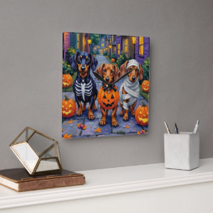 Horloge Carrée Chiens de Dachshund Trick-or-Treating en Halloween