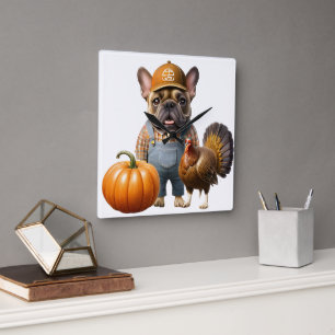 Horloge Carrée Chiens français de Thanksgiving French Bulldog