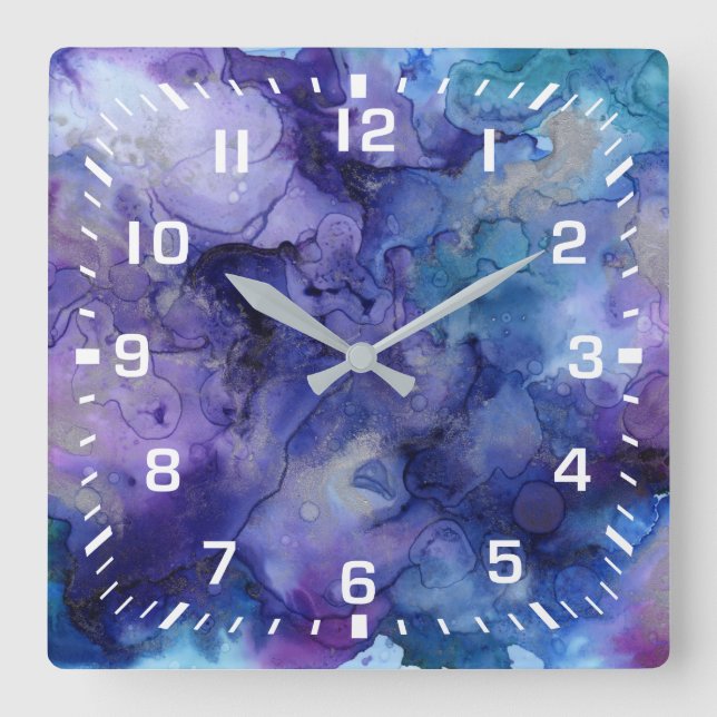 Horloge Carrée Chiffres blancs / Moderne violet, Bleu, Abstrait o (Recto)