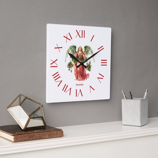 Horloge Carrée Chiffres de Noël Ange Rouge Romain (Bureau)