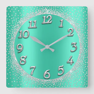 Horloge Carrée Chiffres en argent Confetti Parties scintillant Gr