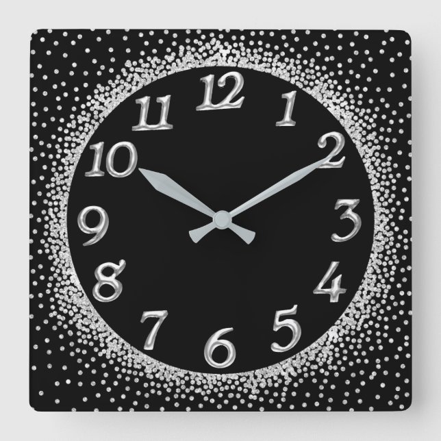 Horloge Carrée Chiffres gris argenté Confetti Parties scintillant (Recto)