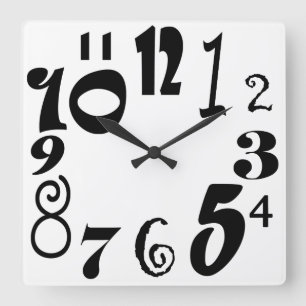 Horloge Carrée Chiffres noirs funky sur blanc